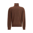 Brown Cashmere TurtleneckThe Turtleneck Pullover in Cashmere, Wool, and Silk by Saint Laurent is a refined and enveloping piece that combines comfort with understated luxury. Designed with a relaxed fit and dropped shoulders, it features ribbed finishes t