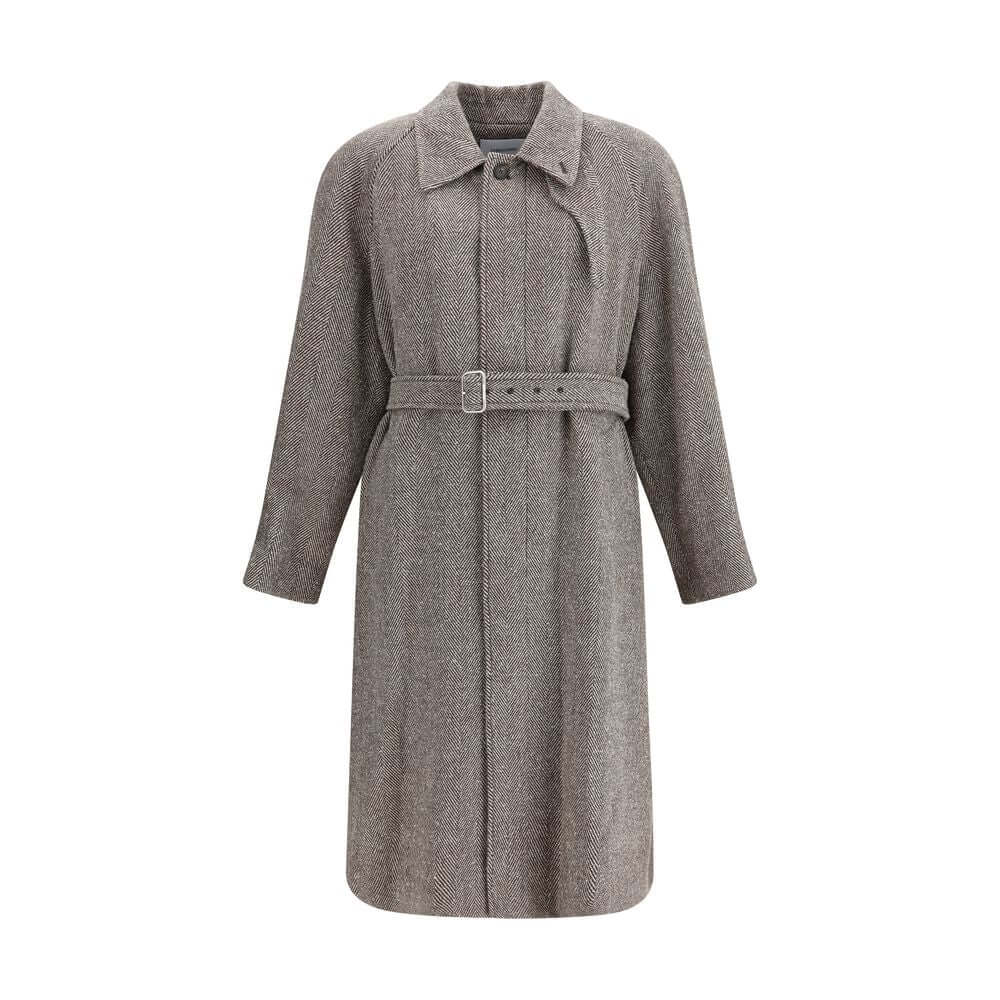 Beige Wool CoatThe Coat by Ferragamo is crafted from a refined herringbone-patterned fabric, showcasing timeless sophistication. It features a button-front closure and two front welt pockets. The structured collar includes an additional internal fastening