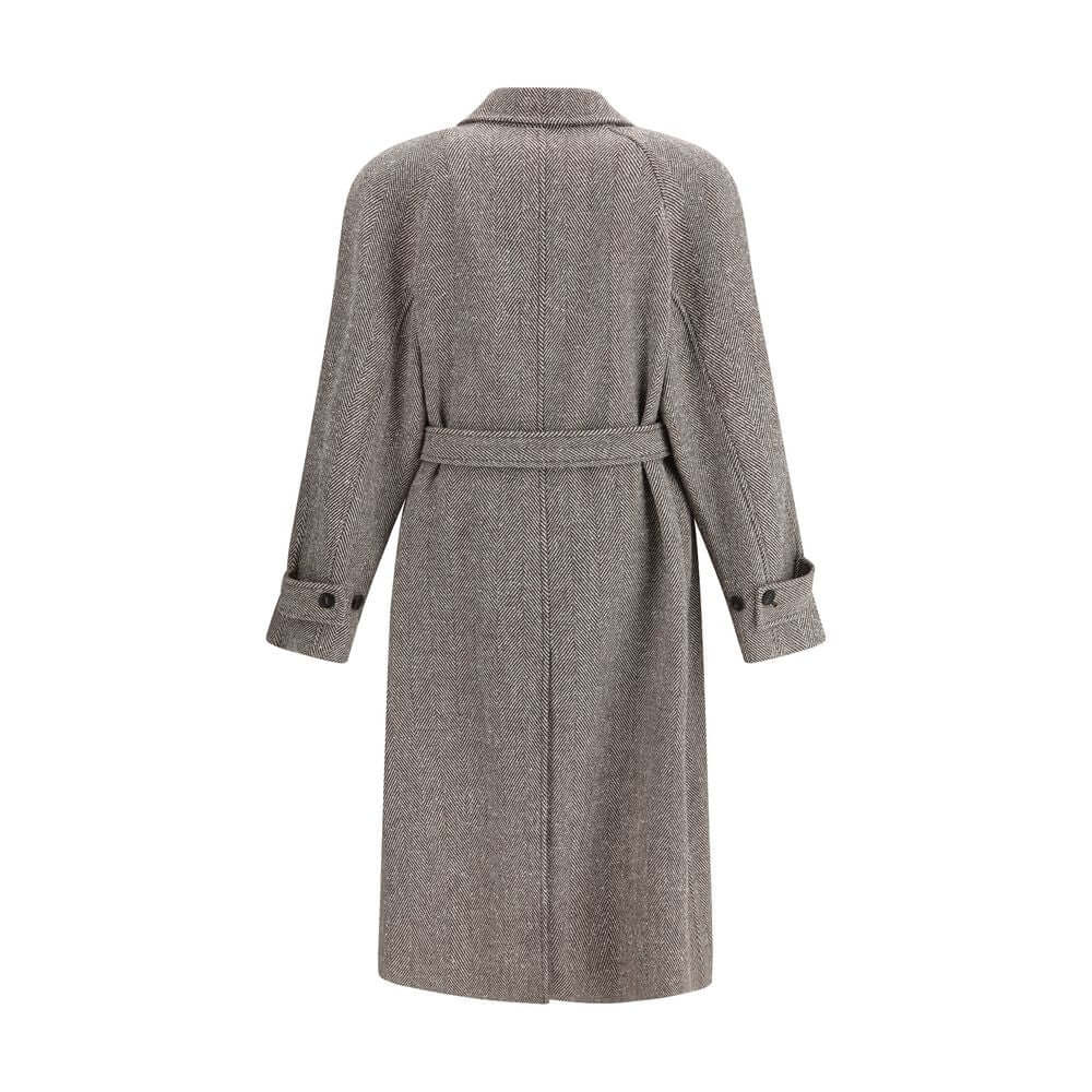 Beige Wool CoatThe Coat by Ferragamo is crafted from a refined herringbone-patterned fabric, showcasing timeless sophistication. It features a button-front closure and two front welt pockets. The structured collar includes an additional internal fastening
