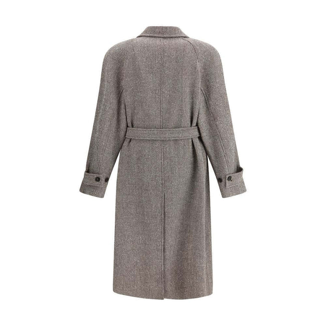 Beige Wool CoatThe Coat by Ferragamo is crafted from a refined herringbone-patterned fabric, showcasing timeless sophistication. It features a button-front closure and two front welt pockets. The structured collar includes an additional internal fastening