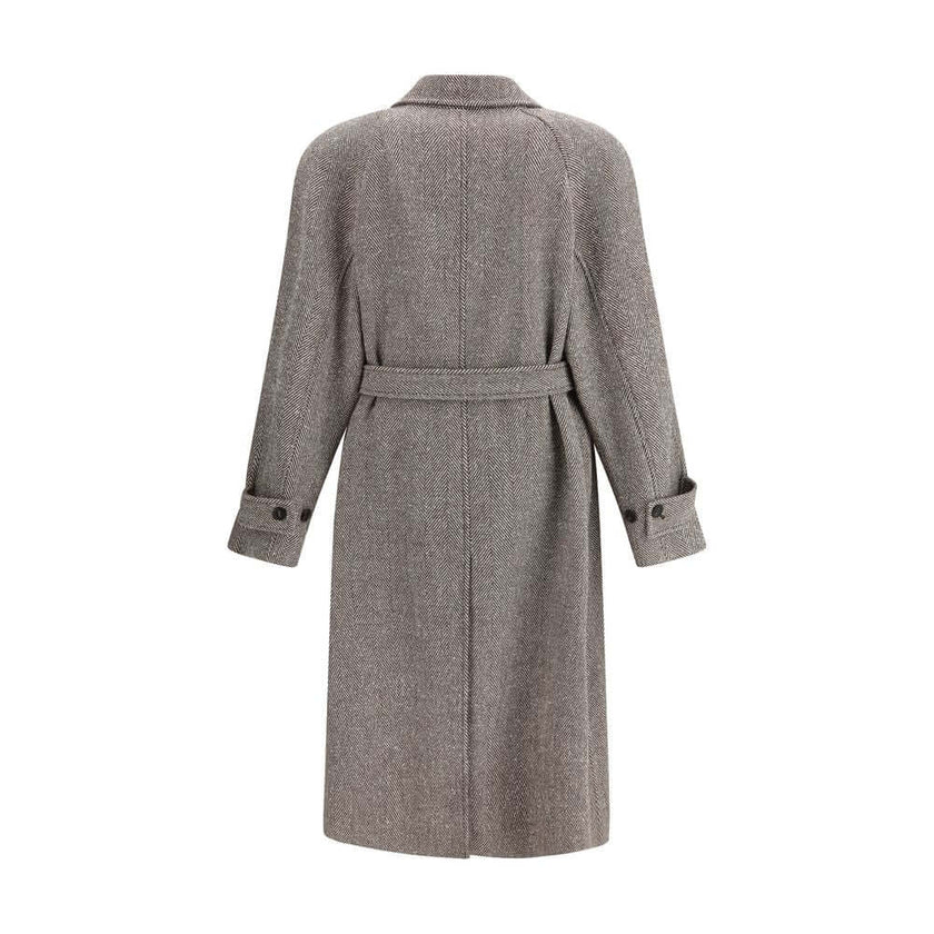 Beige Wool CoatThe Coat by Ferragamo is crafted from a refined herringbone-patterned fabric, showcasing timeless sophistication. It features a button-front closure and two front welt pockets. The structured collar includes an additional internal fastening