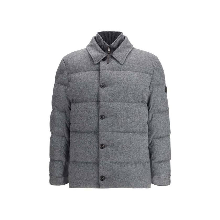 Gray Polyamide CoatThe Pres padded Overshirt by Moncler combines the softness of cashmere with the durability of smart nylon. Featuring an AirSoft lining for lightweight warmth, the design includes a knitted collar, zip and button closure, zip pockets, an