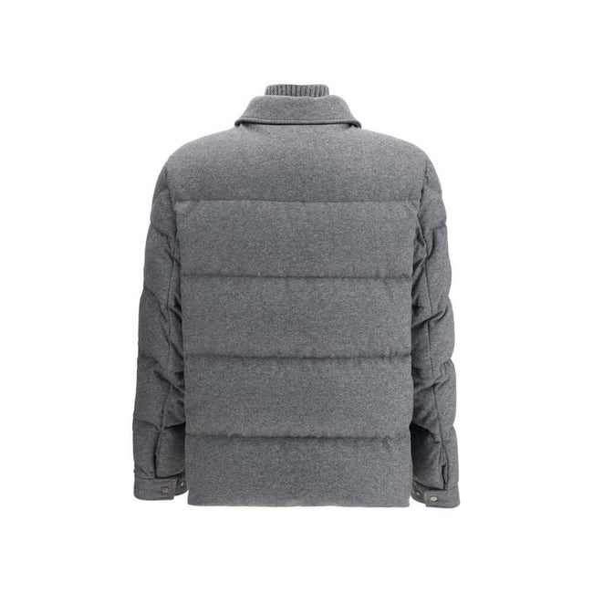 Gray Polyamide CoatThe Pres padded Overshirt by Moncler combines the softness of cashmere with the durability of smart nylon. Featuring an AirSoft lining for lightweight warmth, the design includes a knitted collar, zip and button closure, zip pockets, an