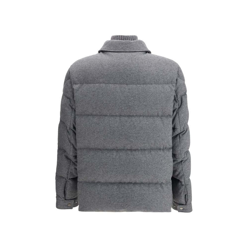 Gray Polyamide CoatThe Pres padded Overshirt by Moncler combines the softness of cashmere with the durability of smart nylon. Featuring an AirSoft lining for lightweight warmth, the design includes a knitted collar, zip and button closure, zip pockets, an