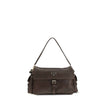 Brown Recycled Polyamide Shoulder BagExplore large Shoulder Bag by Prada is made of Re-Nylon and features a flap with a classic enameled metal triangle logo. It features a padded ribbon handle, front zipper pocket, side flap pockets, and metal trim. The c