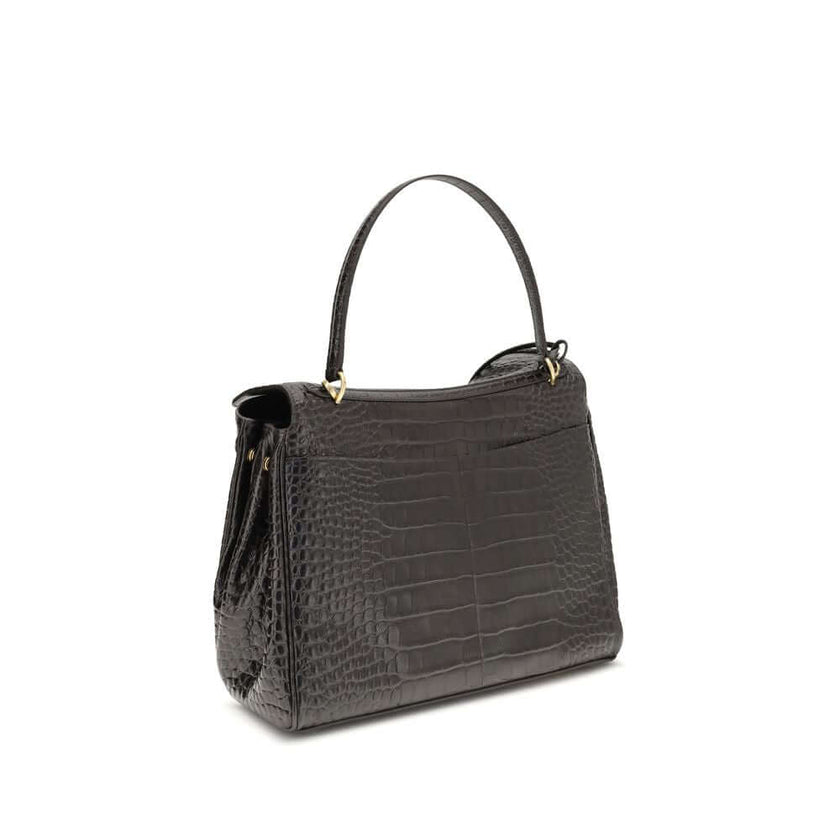 Brown Calf Leather Bos Taurus HandbagLeather Medium Rodeo Handbag by Balenciaga, single removable top handle, charm with key ring detail applied at base of handle, dual compartment, flap closure with swivel system at front, crocodile-effect leather design