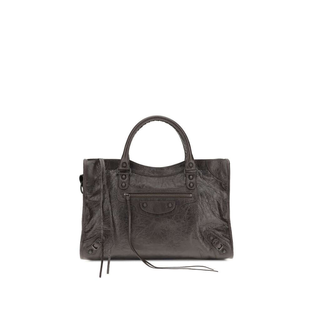 Brown Calf Leather Bos Taurus Shoulder BagBalenciaga’s Le City Medium Shoulder Bag is a high-class item made of fine lambskin leather that combines elegance and functionality. The two hand-woven leather handles lend an artisanal and refined touch, while t