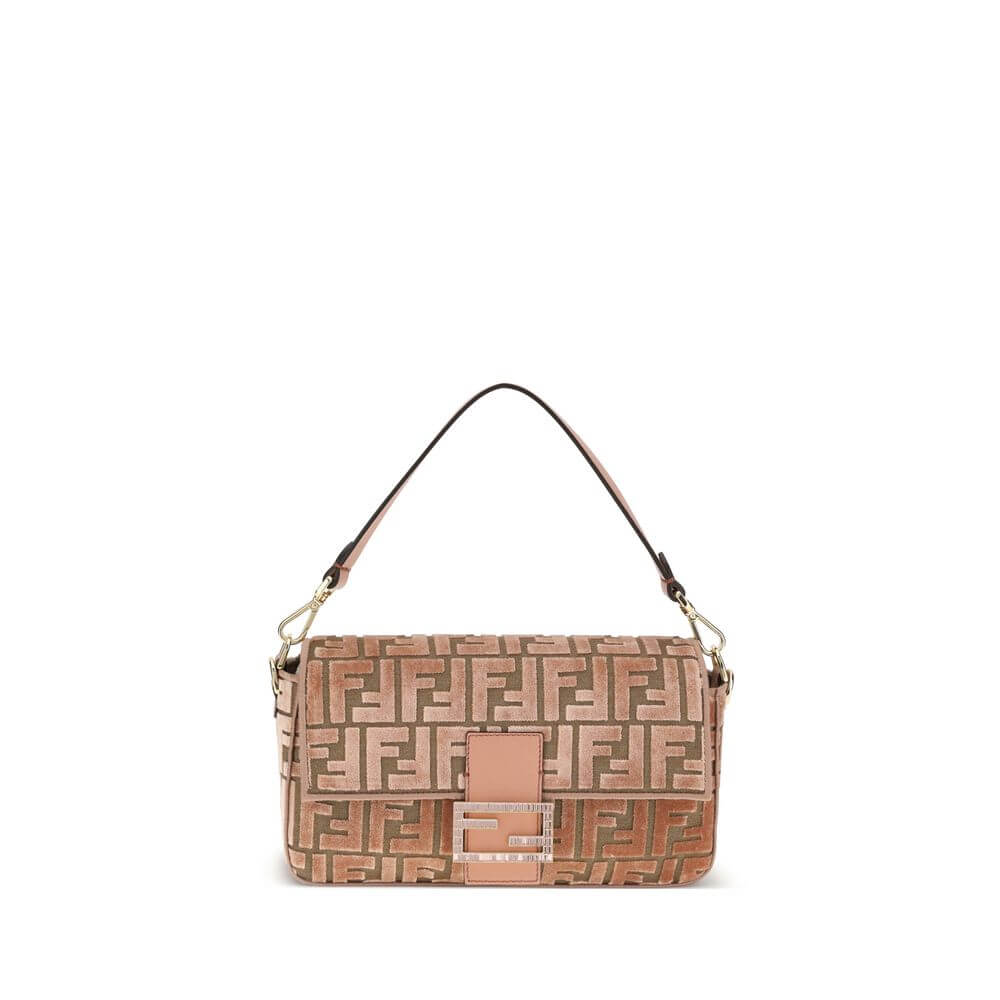 Multicolor Calf Leather Bos Taurus Shoulder BagBaguette Shoulder Bag by Fendi is made of jacquard velvet with iconic embossed FF pattern. It is decorated with a refined FF closure embellished with crystals and completed with a front flap with a magnetic b