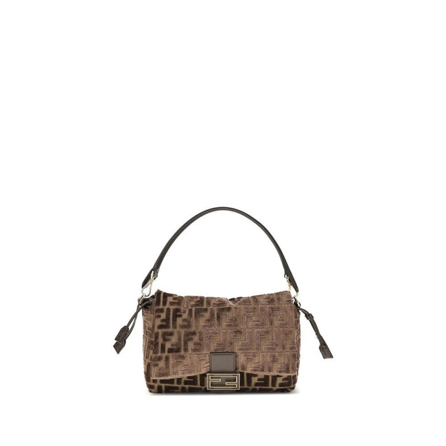 Brown Viscose Shoulder BagMedium Mamma Baguette Shoulder Bag by Fendi is made of jacquard velvet with a dark brown embossed FF pattern on a brown base. It is decorated with an FF closure with tone-on-tone leather insert and features a front flap with magn