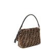 Brown Viscose Shoulder BagMedium Mamma Baguette Shoulder Bag by Fendi is made of jacquard velvet with a dark brown embossed FF pattern on a brown base. It is decorated with an FF closure with tone-on-tone leather insert and features a front flap with magn