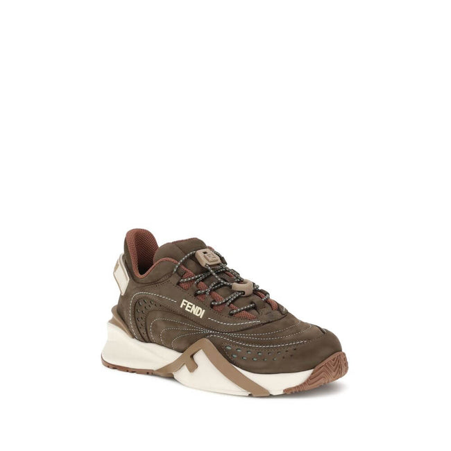 Brown Rubber Athletic SneakersFlow Mix Sneakers by Fendi combine sporty style and luxurious details in a dynamic and sophisticated design. Made of technical mesh with tone-on-tone suede and leather inserts, they feature an adjustable elastic lace-up closu