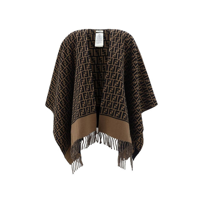 PonchoWool Poncho by Fendi, wide shawl lapels, frayed hems, brand’s iconic FF logo repeated in all-over contrast, regular fit. Season: AW25 Composition: GENERAL 100% Wool MADE IN ITALYPoncho${tagsFendiAulae Poncho FendiAulae Poncho Wool Poncho by Fendi, w
