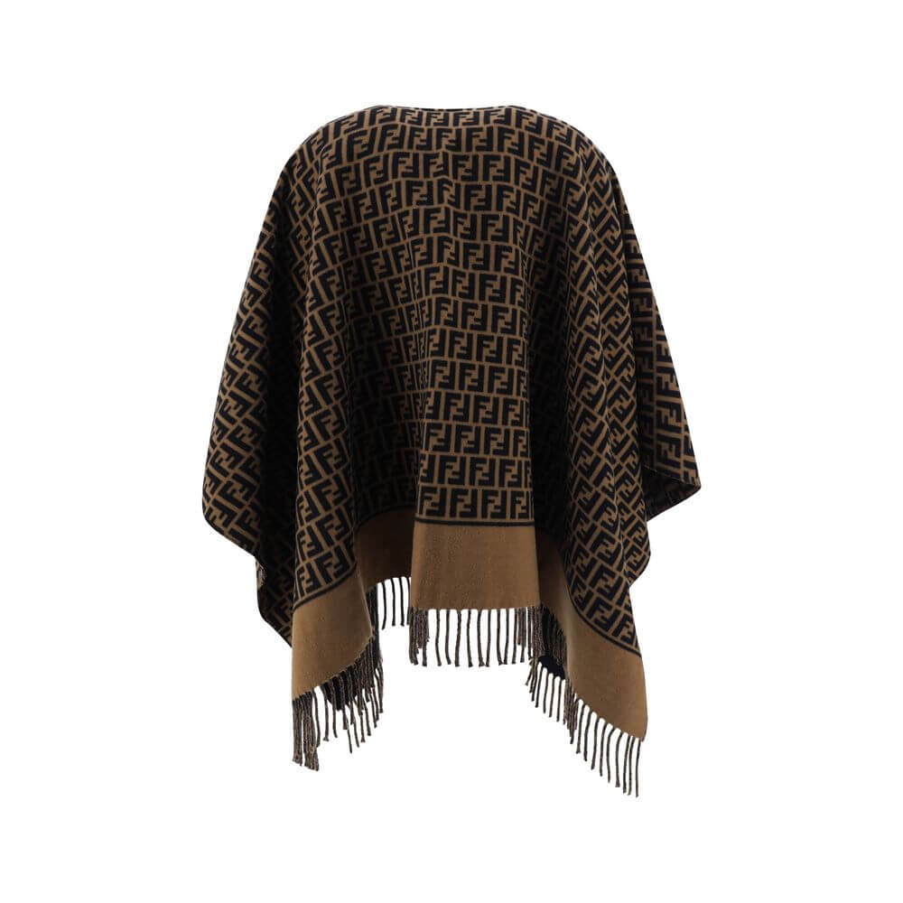 PonchoWool Poncho by Fendi, wide shawl lapels, frayed hems, brand’s iconic FF logo repeated in all-over contrast, regular fit. Season: AW25 Composition: GENERAL 100% Wool MADE IN ITALYPoncho${tagsFendiAulae Poncho FendiAulae Poncho Wool Poncho by Fendi, w