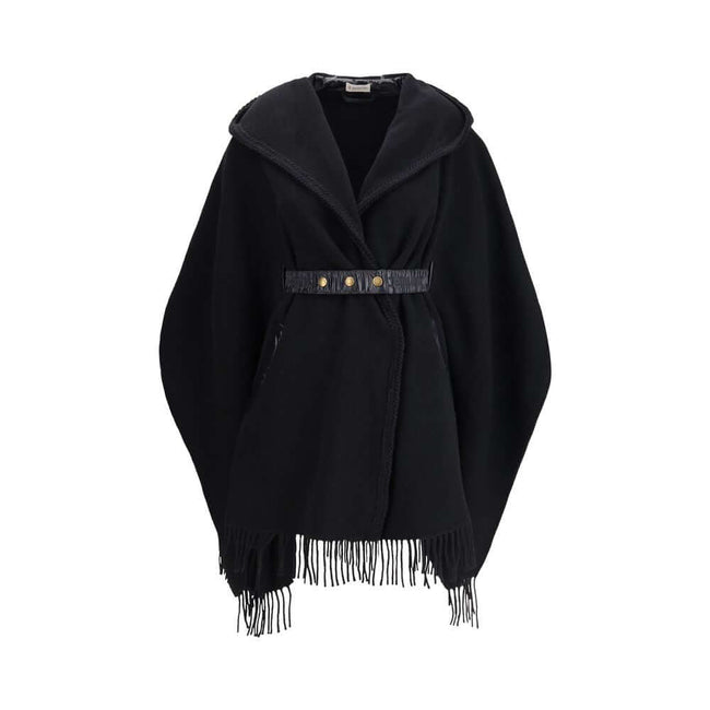 Wool CapeThe wool Cape by Moncler, defined by an elegant draped design that makes it a versatile layering piece for every season. Crafted from soft wool with light padding, it features a nylon laqué belt to define the silhouette, fringed edges, and the ic