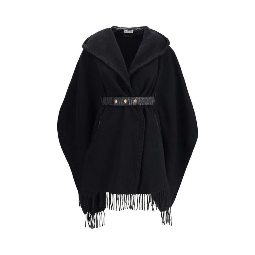 Wool CapeThe wool Cape by Moncler, defined by an elegant draped design that makes it a versatile layering piece for every season. Crafted from soft wool with light padding, it features a nylon laqué belt to define the silhouette, fringed edges, and the ic