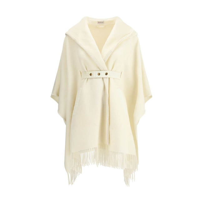 Cream Fleece Wool CoatThe wool Cape by Moncler, defined by an elegant draped design that makes it a versatile layering piece for every season. Crafted from soft wool with light padding, it features a nylon laqué belt to define the silhouette, fringed edge