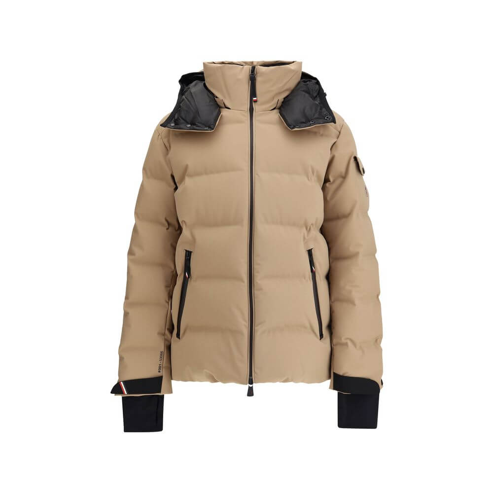 Beige Polyamide Full-Length JacketThe Moncler Grenoble Montgetech Ski Down Jacket with Hood, designed for peak performance in skiing and snowboarding. Crafted from 2L 4-way stretch nylon, it provides exceptional flexibility and weather resistance. The pad
