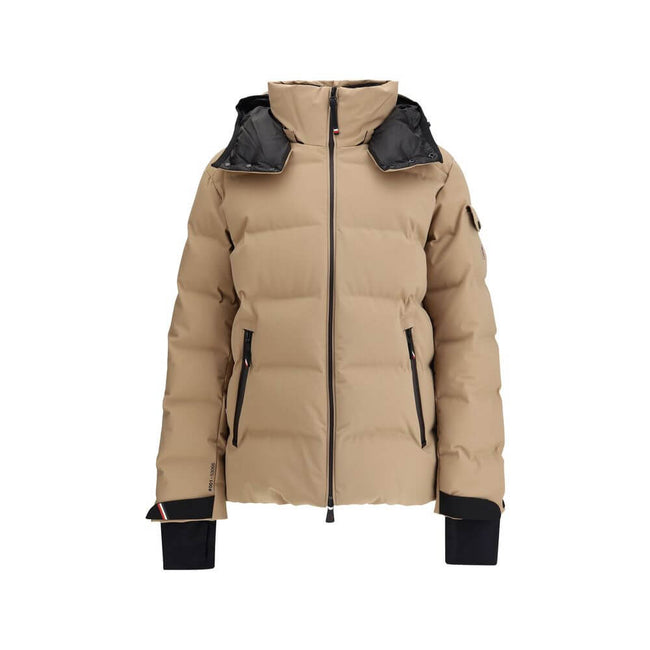 Beige Polyamide Full-Length JacketThe Moncler Grenoble Montgetech Ski Down Jacket with Hood, designed for peak performance in skiing and snowboarding. Crafted from 2L 4-way stretch nylon, it provides exceptional flexibility and weather resistance. The pad