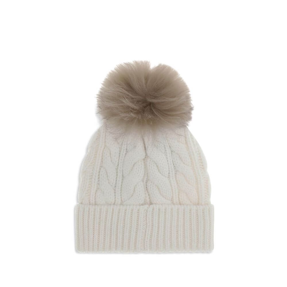 White Fleece Wool BeanieThe beanie Hat by Moncler Grenoble with pon pon is crafted from a premium wool and cashmere blend for warmth and comfort. It features a long-haired sheepskin pom pom and a 3-gauge Aran cable-knit cuff for a rich, detailed texture.