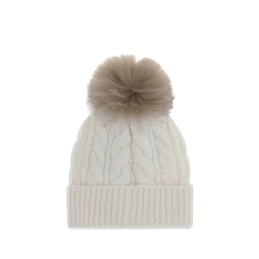 White Fleece Wool BeanieThe beanie Hat by Moncler Grenoble with pon pon is crafted from a premium wool and cashmere blend for warmth and comfort. It features a long-haired sheepskin pom pom and a 3-gauge Aran cable-knit cuff for a rich, detailed texture.