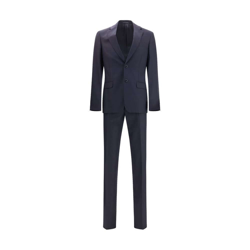Blue Fleece Wool Two-Piece SuitThe single-breasted wool and cashmere Suit by Prada exemplifies refined tailoring and timeless sophistication. Crafted from a luxurious blend of wool and cashmere, it features a slim fit and meticulous attention to detail. T