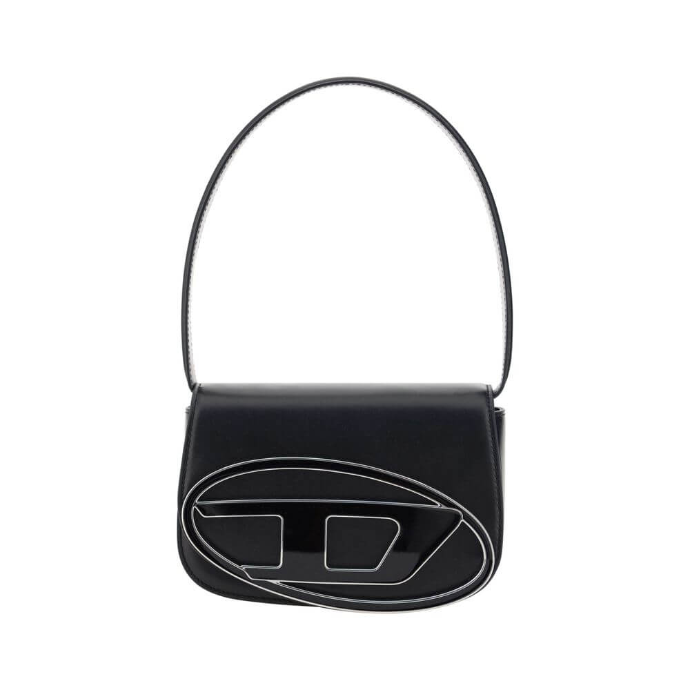 Black Calf Leather Bos Taurus Shoulder BagThe 1DR Shoulder Bag by Diesel is made of mirrored leather with a flat shoulder strap. It has a front magnetic closure and the brand’s embossed Oval-D logo. Inside is a welt pocket to keep items in order. A modern