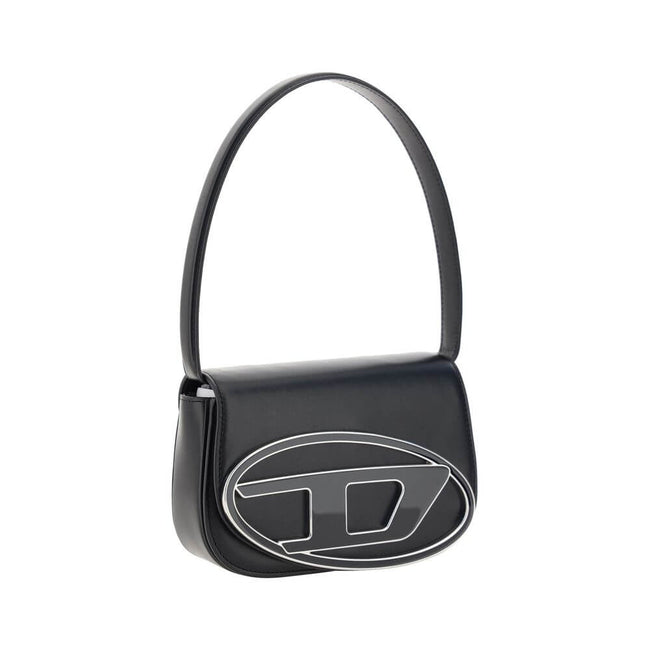 Black Calf Leather Bos Taurus Shoulder BagThe 1DR Shoulder Bag by Diesel is made of mirrored leather with a flat shoulder strap. It has a front magnetic closure and the brand’s embossed Oval-D logo. Inside is a welt pocket to keep items in order. A modern