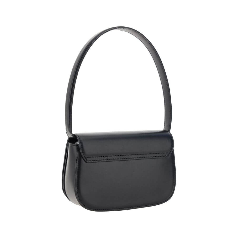 Black Calf Leather Bos Taurus Shoulder BagThe 1DR Shoulder Bag by Diesel is made of mirrored leather with a flat shoulder strap. It has a front magnetic closure and the brand’s embossed Oval-D logo. Inside is a welt pocket to keep items in order. A modern