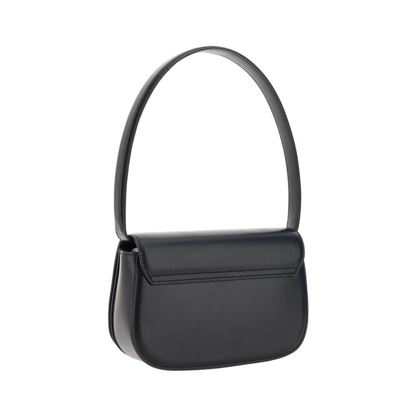 Black Calf Leather Bos Taurus Shoulder BagThe 1DR Shoulder Bag by Diesel is made of mirrored leather with a flat shoulder strap. It has a front magnetic closure and the brand’s embossed Oval-D logo. Inside is a welt pocket to keep items in order. A modern