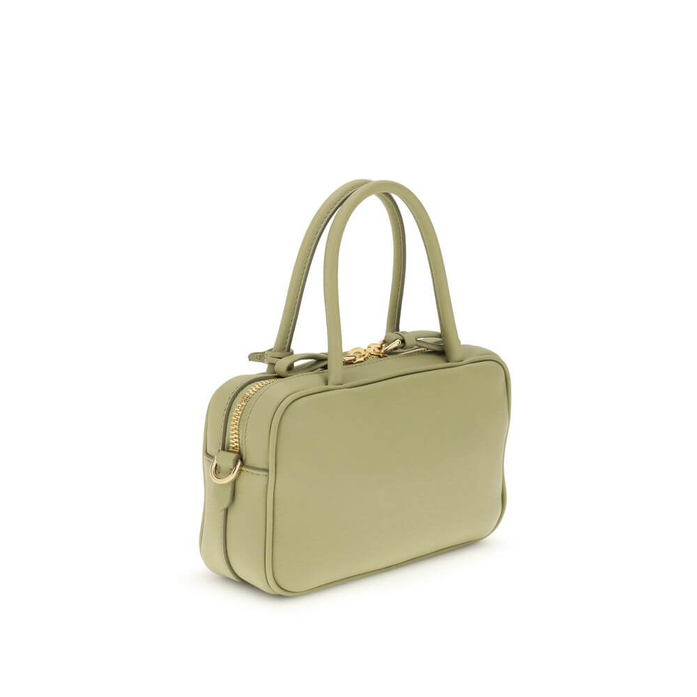 Green Calf Leather Bos Taurus HandbagThe Handbag by Prada combines elegance and functionality in an iconic design. Featuring two tubular handles and a zip closure, it is embellished with a triangular logo plaque on the front, the brand’s distinctive symbo