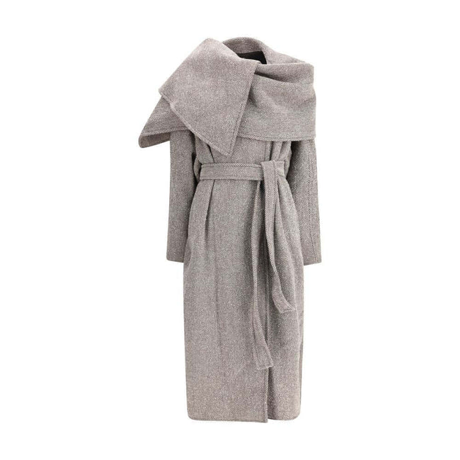 Brown Fleece Wool CoatThe oversized asymmetric Coat by Ferragamo embodies generous proportions and a soft chevron-textured bouclé fabric, offering a refined yet cozy allure. The couture-inspired cuts and fluid lines highlight the brand’s masterful tailori