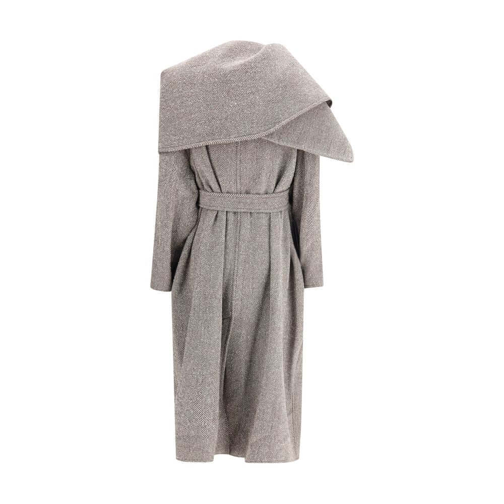 Brown Fleece Wool CoatThe oversized asymmetric Coat by Ferragamo embodies generous proportions and a soft chevron-textured bouclé fabric, offering a refined yet cozy allure. The couture-inspired cuts and fluid lines highlight the brand’s masterful tailori