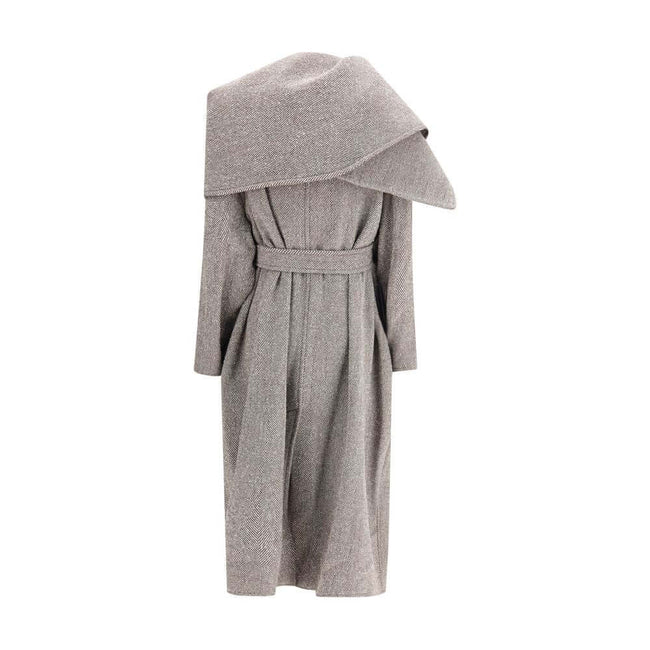 Brown Fleece Wool CoatThe oversized asymmetric Coat by Ferragamo embodies generous proportions and a soft chevron-textured bouclé fabric, offering a refined yet cozy allure. The couture-inspired cuts and fluid lines highlight the brand’s masterful tailori