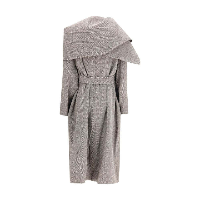 Brown Fleece Wool CoatThe oversized asymmetric Coat by Ferragamo embodies generous proportions and a soft chevron-textured bouclé fabric, offering a refined yet cozy allure. The couture-inspired cuts and fluid lines highlight the brand’s masterful tailori