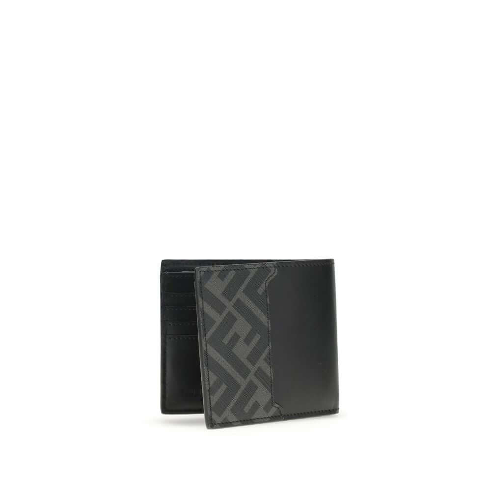 Black Calf Leather Bos Taurus WalletLeather Wallet by Fendi with an elegant and functional design, featuring the classic bifold model. The front is decorated with the three-dimensional plaque of the iconic FF logo, while the back features the contrasting