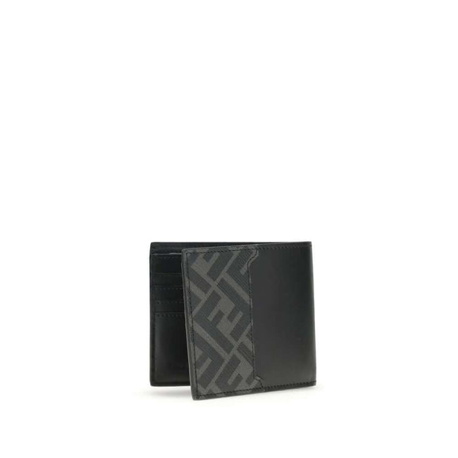 Black Calf Leather Bos Taurus WalletLeather Wallet by Fendi with an elegant and functional design, featuring the classic bifold model. The front is decorated with the three-dimensional plaque of the iconic FF logo, while the back features the contrasting