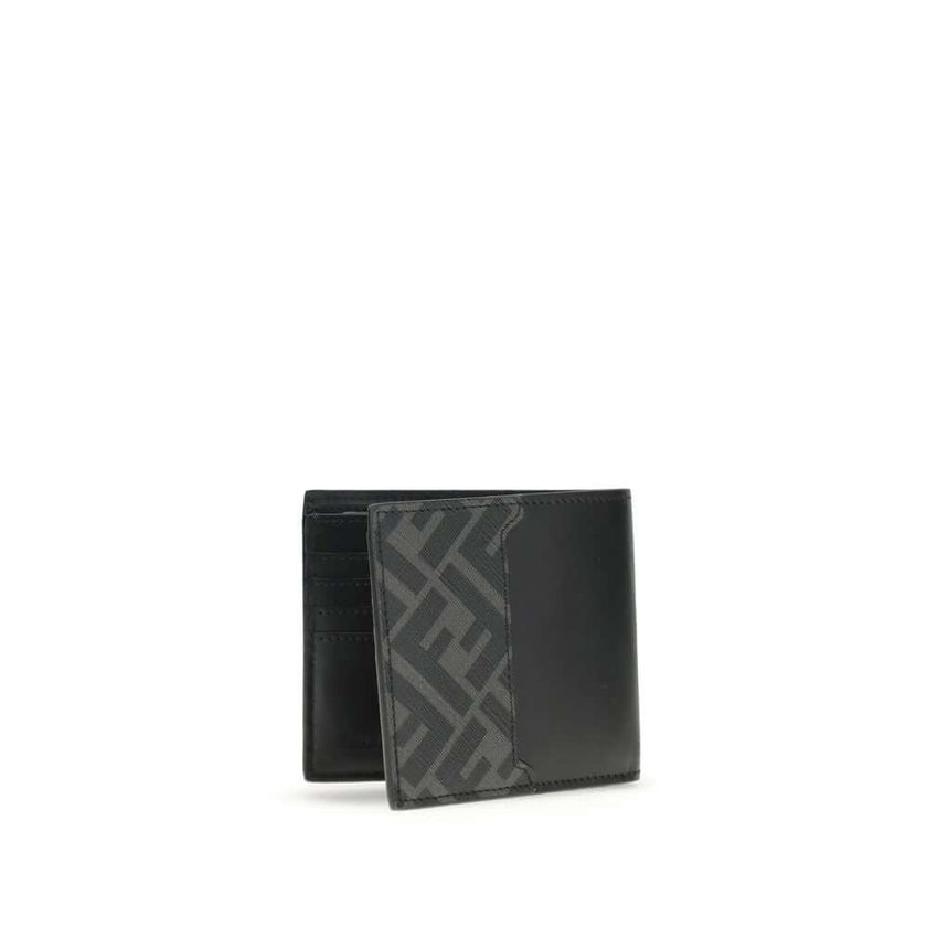 Black Calf Leather Bos Taurus WalletLeather Wallet by Fendi with an elegant and functional design, featuring the classic bifold model. The front is decorated with the three-dimensional plaque of the iconic FF logo, while the back features the contrasting