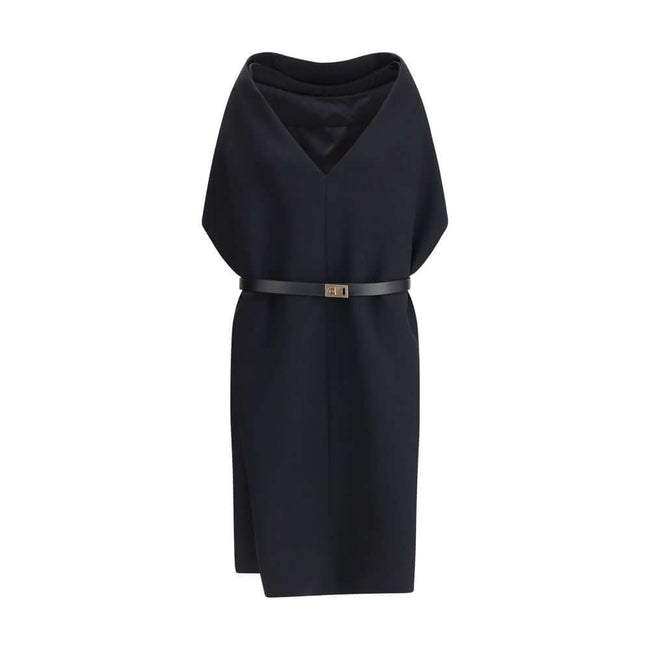Black Viscose Casual DressThe Belted Midi Dress by Ferragamo with Billowing Front Panel embodies sculptural sophistication, crafted from a refined blend of wool and viscose faille that balances structure and fluidity. The strong silhouette features an int