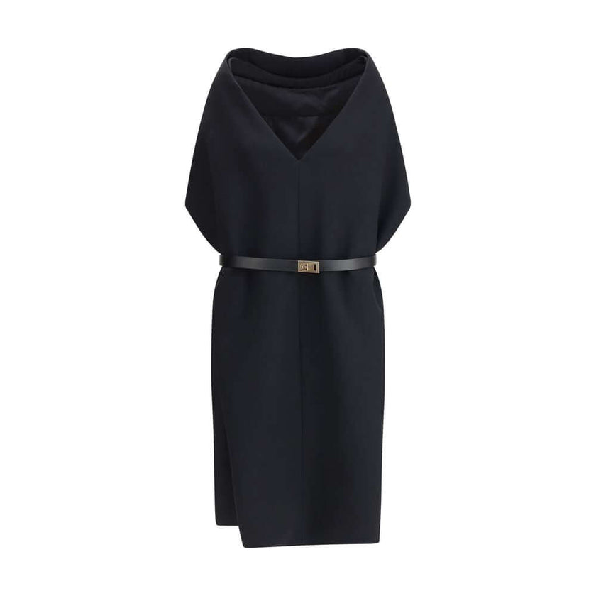 Black Viscose Casual DressThe Belted Midi Dress by Ferragamo with Billowing Front Panel embodies sculptural sophistication, crafted from a refined blend of wool and viscose faille that balances structure and fluidity. The strong silhouette features an int