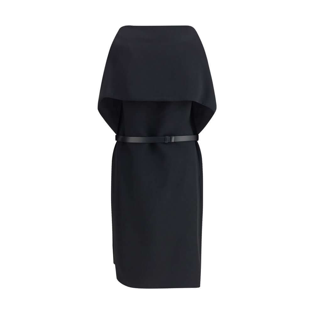 Black Viscose Casual DressThe Belted Midi Dress by Ferragamo with Billowing Front Panel embodies sculptural sophistication, crafted from a refined blend of wool and viscose faille that balances structure and fluidity. The strong silhouette features an int