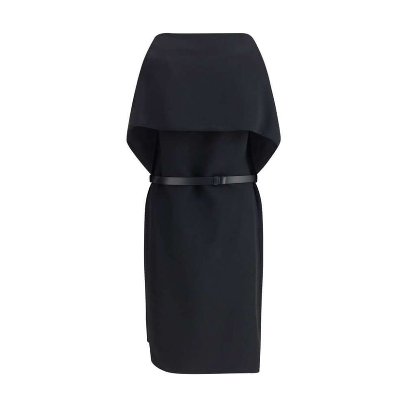 Black Viscose Casual DressThe Belted Midi Dress by Ferragamo with Billowing Front Panel embodies sculptural sophistication, crafted from a refined blend of wool and viscose faille that balances structure and fluidity. The strong silhouette features an int