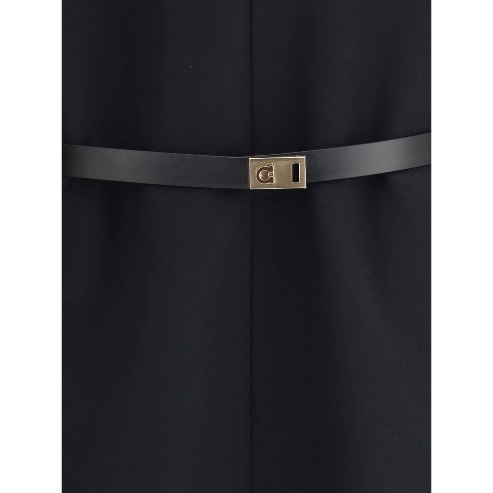 Black Viscose Casual DressThe Belted Midi Dress by Ferragamo with Billowing Front Panel embodies sculptural sophistication, crafted from a refined blend of wool and viscose faille that balances structure and fluidity. The strong silhouette features an int