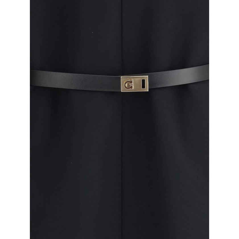Black Viscose Casual DressThe Belted Midi Dress by Ferragamo with Billowing Front Panel embodies sculptural sophistication, crafted from a refined blend of wool and viscose faille that balances structure and fluidity. The strong silhouette features an int