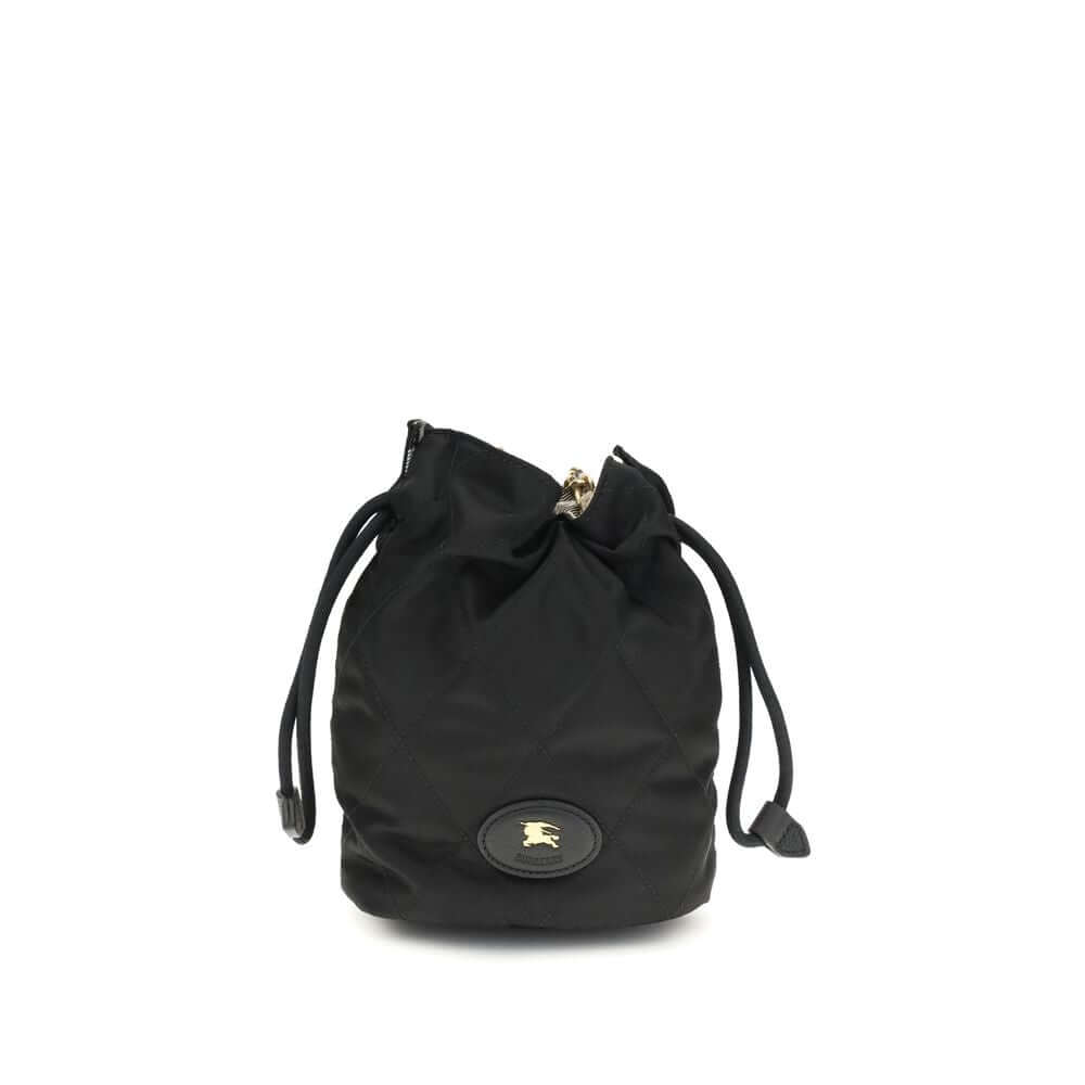 Black Nylon Shoulder BagHorseshoe Bucket Bag by Burberry is made of quilted canvas and embellished with the Equestrian Knight Design applique on the front. It features a metal chain shoulder strap and a drawstring closure, combining practicality and iconi
