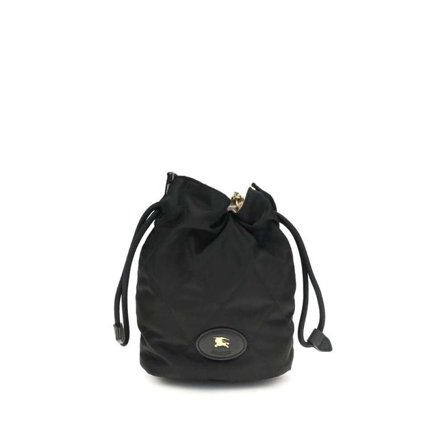 Black Nylon Shoulder BagHorseshoe Bucket Bag by Burberry is made of quilted canvas and embellished with the Equestrian Knight Design applique on the front. It features a metal chain shoulder strap and a drawstring closure, combining practicality and iconi