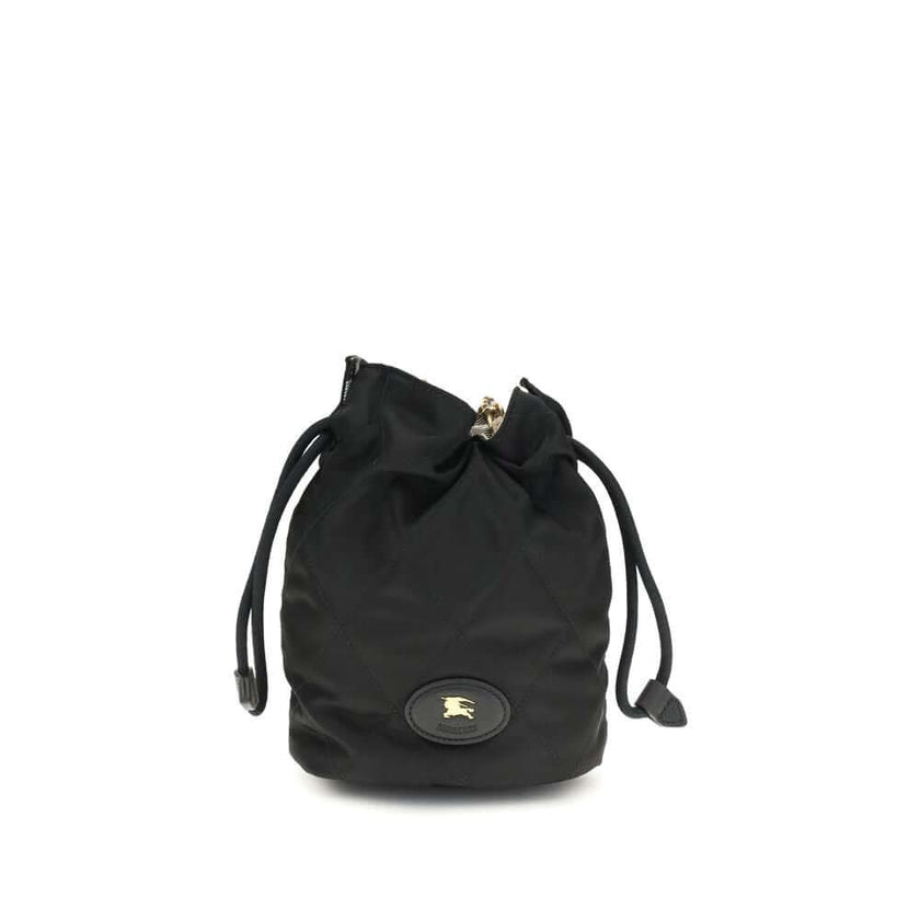 Black Nylon Shoulder BagHorseshoe Bucket Bag by Burberry is made of quilted canvas and embellished with the Equestrian Knight Design applique on the front. It features a metal chain shoulder strap and a drawstring closure, combining practicality and iconi