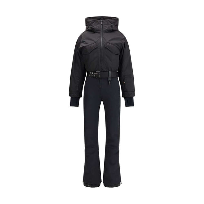 Black Polyester JumpsuitThe padded ski Suit by Moncler Grenoble combines technical precision with refined aesthetics. Filled with down for superior warmth and lightness, it features a front zip closure, adjustable drawstring hood, and a removable belt to