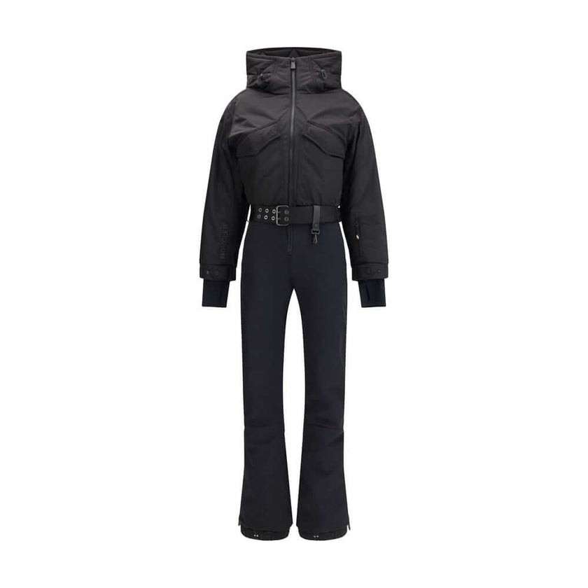 Black Polyester JumpsuitThe padded ski Suit by Moncler Grenoble combines technical precision with refined aesthetics. Filled with down for superior warmth and lightness, it features a front zip closure, adjustable drawstring hood, and a removable belt to
