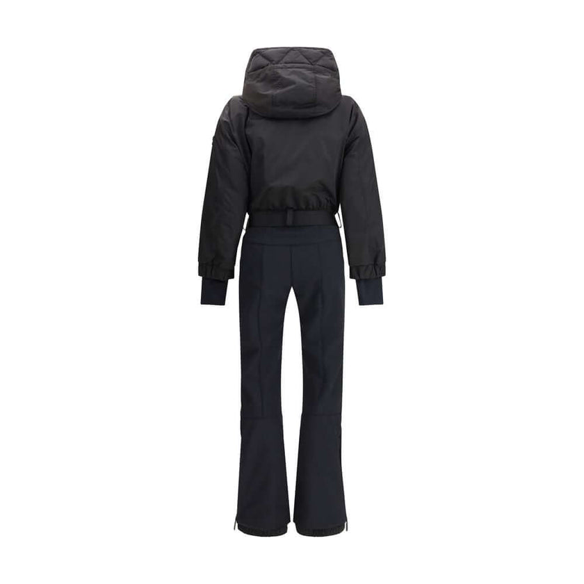 Black Polyester JumpsuitThe padded ski Suit by Moncler Grenoble combines technical precision with refined aesthetics. Filled with down for superior warmth and lightness, it features a front zip closure, adjustable drawstring hood, and a removable belt to