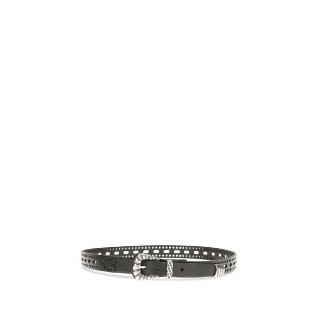 Black Calf Leather Bos Taurus Regular BeltLeather Belt by Etro stands out for its perforated details and refined style. It is complemented by metal elements with a silver finish and engraved workmanship, adding a sophisticated, handcrafted touch to the ac